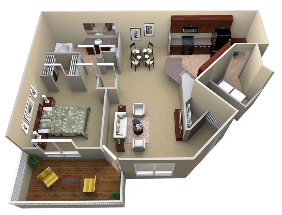 Floor plan for 1 bed, 1 bath, 1075 sqft